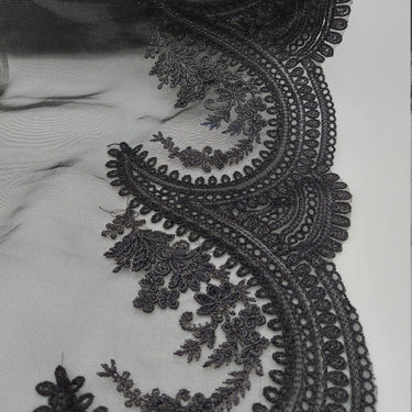 Black Organza Fabric Scalloped Cutwork Lace Trim with Floral Embroidery, Sari Border, Embroidered Trim